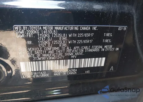 2019 Toyota Rav4 Xle z USA, uszkodzony, nr VIN 2T3W1RFV3KW012477